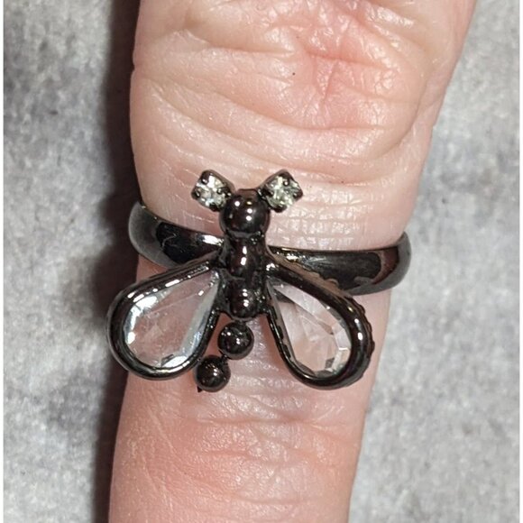 Whimsygoth Fairycore Black Dragonfly Adjustable Ring With Clear Gems - Picture 9 of 10